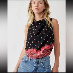 Free People Black and Red Patterned Cowel Neck Top